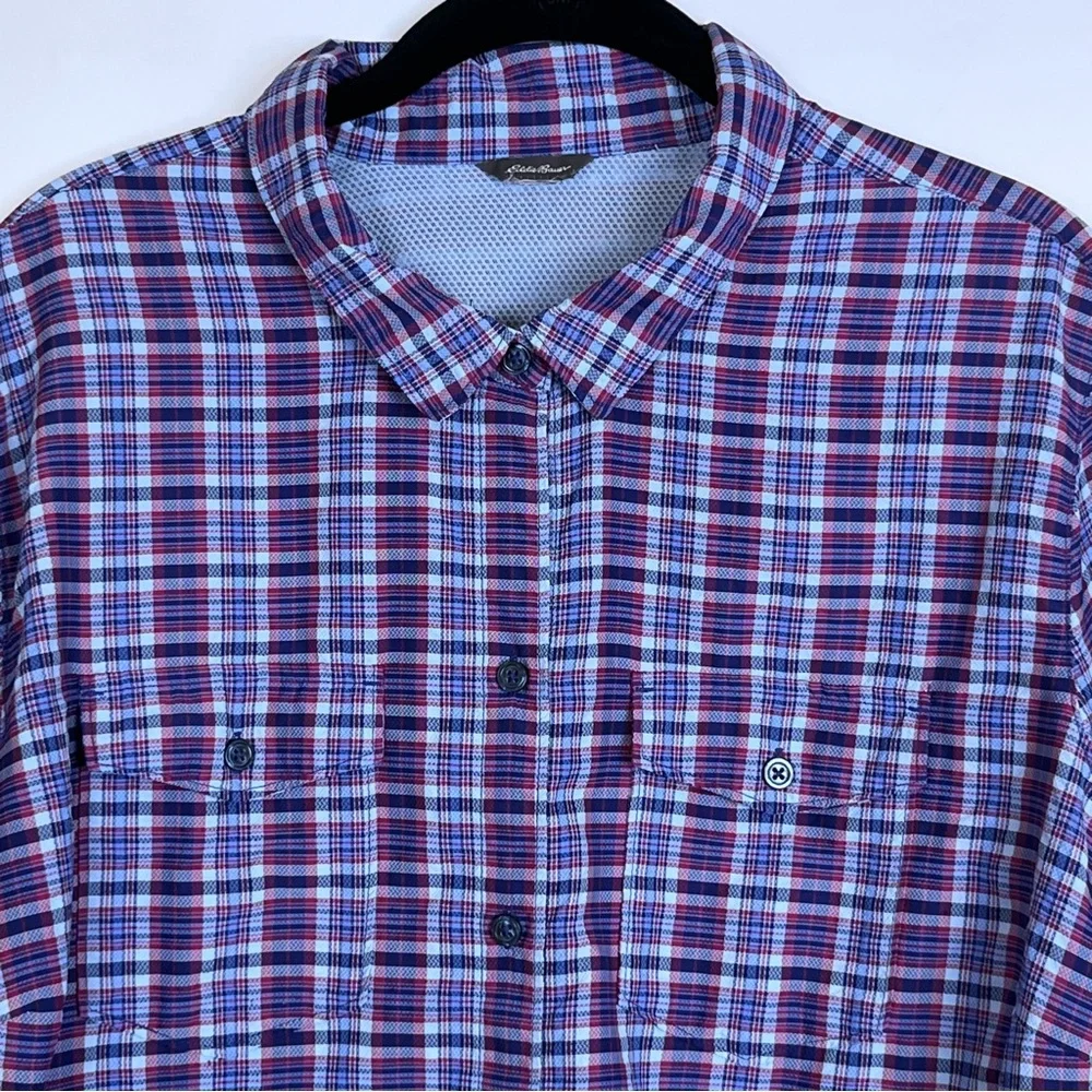 Eddie Bauer Shirt Women’s 3X Purple Pink Plaid Adventurer Roll-Tab Sleeve READ